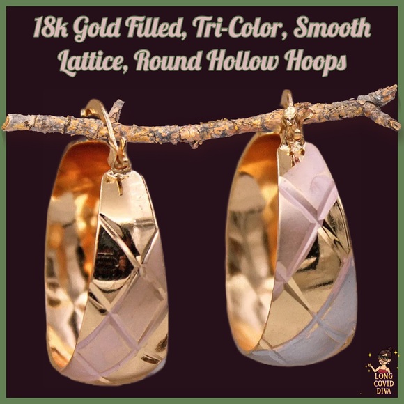 ✨NWOT/18k Gold Filled, Tri-Color, Smooth Lattice, Round Hollow Hoops - Picture 1 of 11